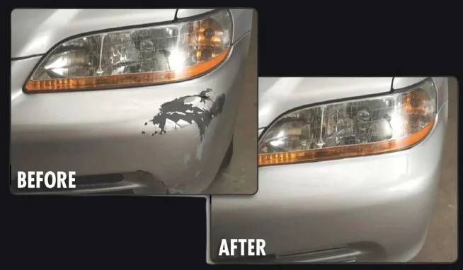 Before and after bumper repair and refinishing results